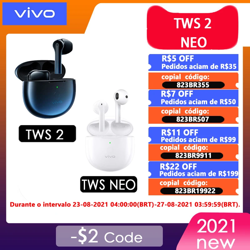 Наушники-вкладыши VIVO TWS 2 neo aptX AAC BT5.2 IP54 Беспроводная bluetooth-гарнитура X60 PRO PLUS X50 X30 Pro