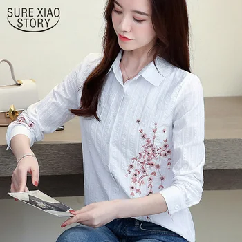 

2019 Autumn New Cotton Delicate Floral Embroiderey Long Sleeve Shirt Elegant Feminine Blouses Button Shirts Plus Size 5826 50
