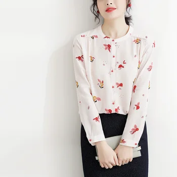 

2019 Cherry Pear Berries Printing Blouse Finest Silk Round Neck Silk Shirt Top with Adorable Little Ball Buttons