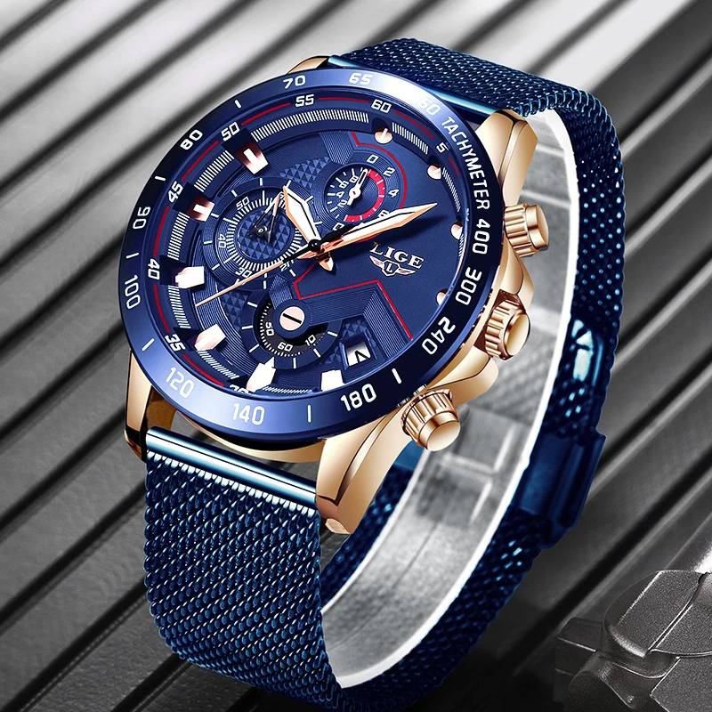 

LIGE New Listing Men Watch Luxury Brand Blue Mesh belt Wrist Watch Chronograph Army Military Quartz Watches Relogio Masculino