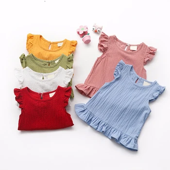 

12M-7Y Girls T-shirt Sand Washed Linen Cotton Sleeveless Baby Kids Dress Shirt for Children Summer Casual Tops Clothes