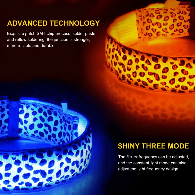 Pet Products Leopard Design Dog Supplies Luminous Anti-Lost Night Safety Flashing Glow Collars Nylon LED Dog Collar