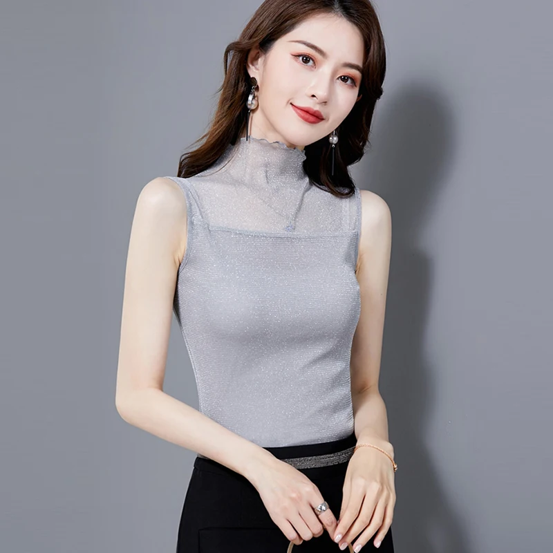 CELERI 2024SS Sleeveless ワイドシャツ　超美品 Shiny Lurex Lace Transparent Mesh Casual Summer Women Tank