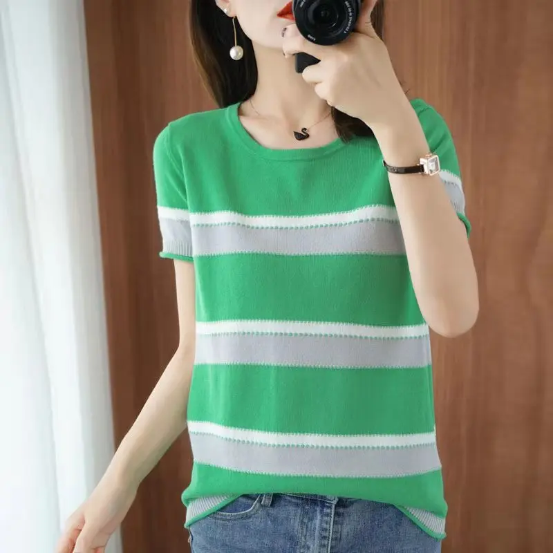 

Summer Striped Women O-neck Knitted Pullover Tops Casual Cool Summer Female Pull Jumpers Short Sleeve Top Femme T-shirt