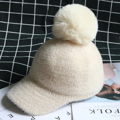 Осень-зима женские винтажные норковые меховые бейсболки Gorro; теплый лыжный бейсболка для девочки с имитацией лисьего меха помпоном Новинка - Цвет: Beige