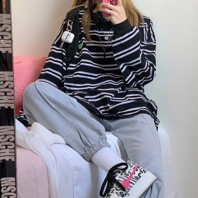 

Fashion Teen Casual Striped Couple T-Shirt Cotton Spring Autumn Simplicity All-Match Clothes Hip Hop Japanese Unisex Streetwear