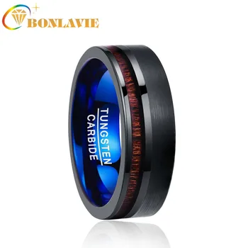 

8mm Koa Wood Inlay Tungsten Carbide Ring Wedding Band Men Ring Black Brushed Promise Ring Flat Edge Comfort Fit Size 7-12