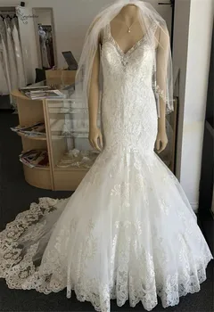 

Beaded Lace Wedding Dresses Mermaid V-Neck Lace Up Sweep Train 2020 Bridal Gowns Bride Dress Vestido De Noiva Sereia Customized