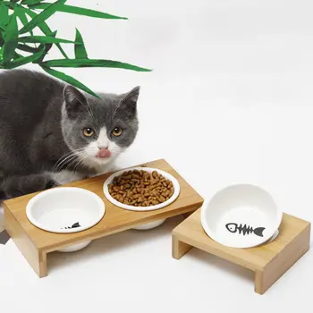 

Fashion Cat Dog Feeders Bowls Bamboo Tableware Ceramic Pet Food Water Bowl High Grade Anti Skid Pet Supplies Dog Cat Bowl