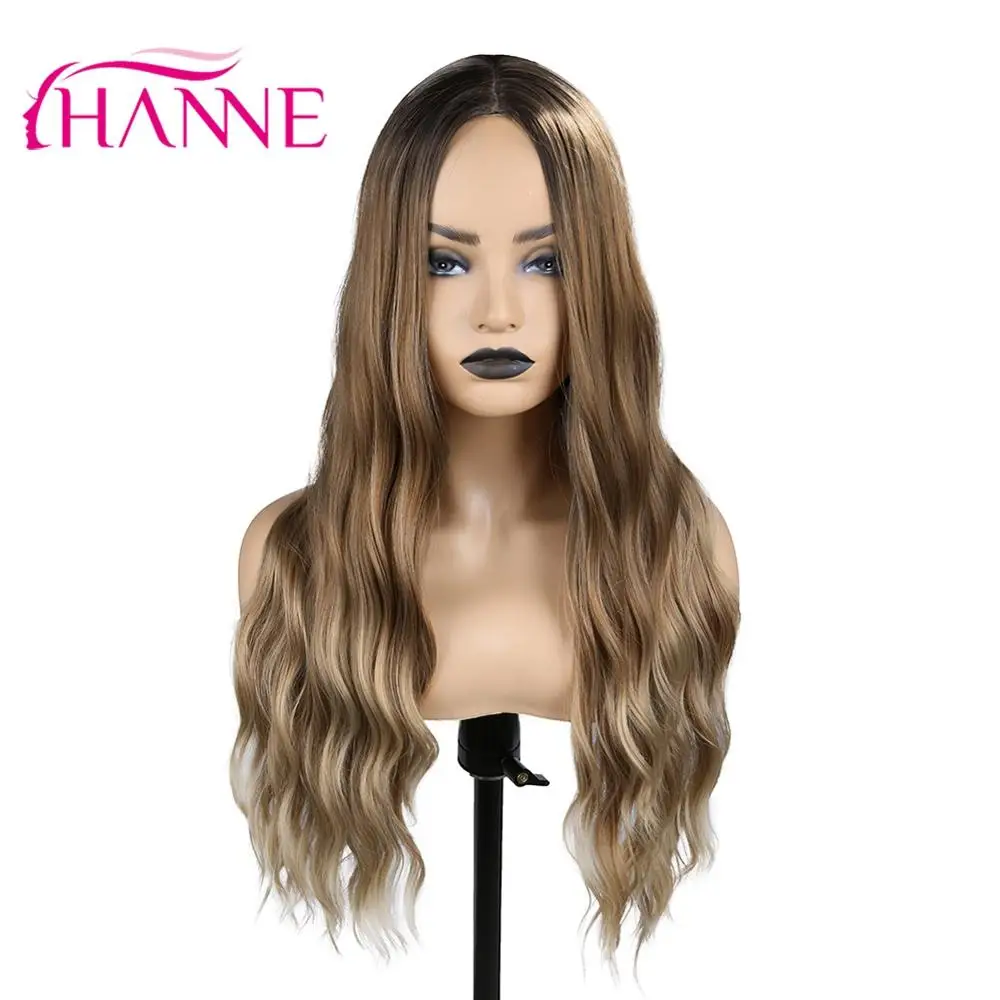 

HANNE Long Wavy Hair Ombre Brown Beige Highlights Synthetic Natural Wig Heat Resistant Wig For Black or White Women