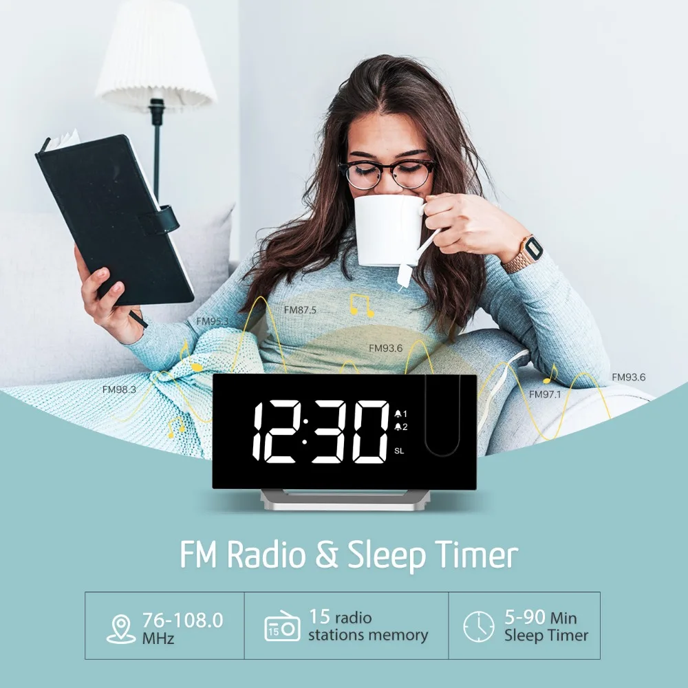 MPOW FM Projection LED Alarm Clock with 5-inch LED Curved Screen Adjustable Brightness Sleep Timer Christmas Gift Alarm Sounds (7)