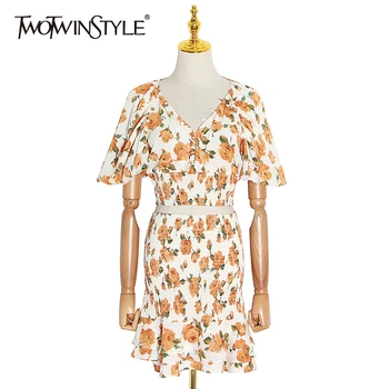 

TWOTWINSTYLE Vintage Women Two Piece Sets V Neck Lantern Half Sleeve Short Top High Waist Patchwork Ruff Skirt Print Suit Female