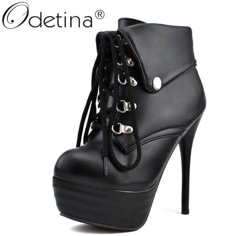 

Odetina Women New Lace Up Stiletto Extreme High Heel Ankle Boots Ladies Cross-tied Platform Round Toe Button Winter Short Boots