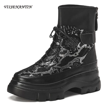 

British Autumn Winter New Lace-up Flat Platform Short Motorcycle Boots Genuine Leather Chunky Sole Color Block Round Toe Shoes