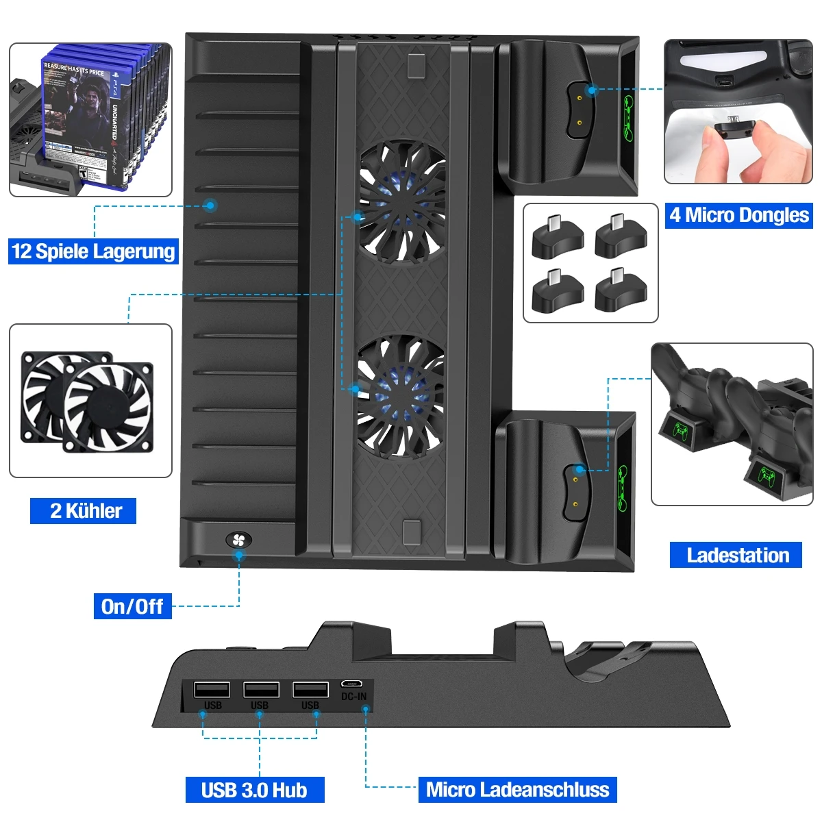 FASTSNAIL Vertical Stand Compatible with PS4 Pro with Cooling Fan,  Controller Charging Station Compatible with Playstation 4 Pro, Charger for