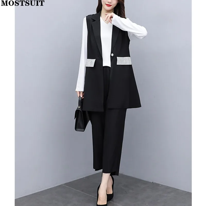 Fashion Loose 3 Piece Pant Sets Women White T shirt & Long Vest & Suit Pants Workwear Chic