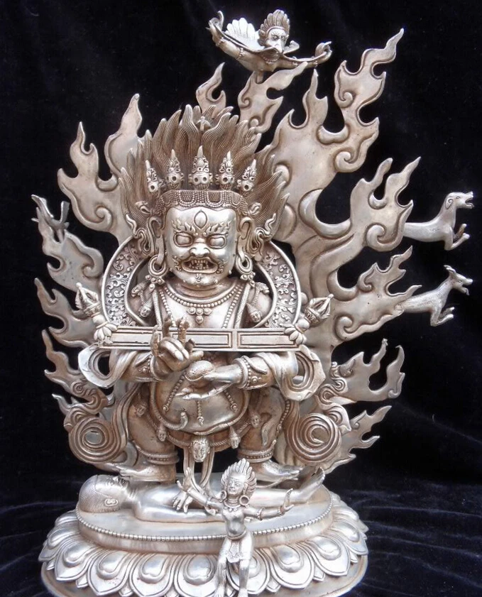 fast shipping USPS to USA S2374 19&quot Tibet Tibetan Buddhism Silver White Mahakala Protector Deity Buddha Statue | Дом и сад