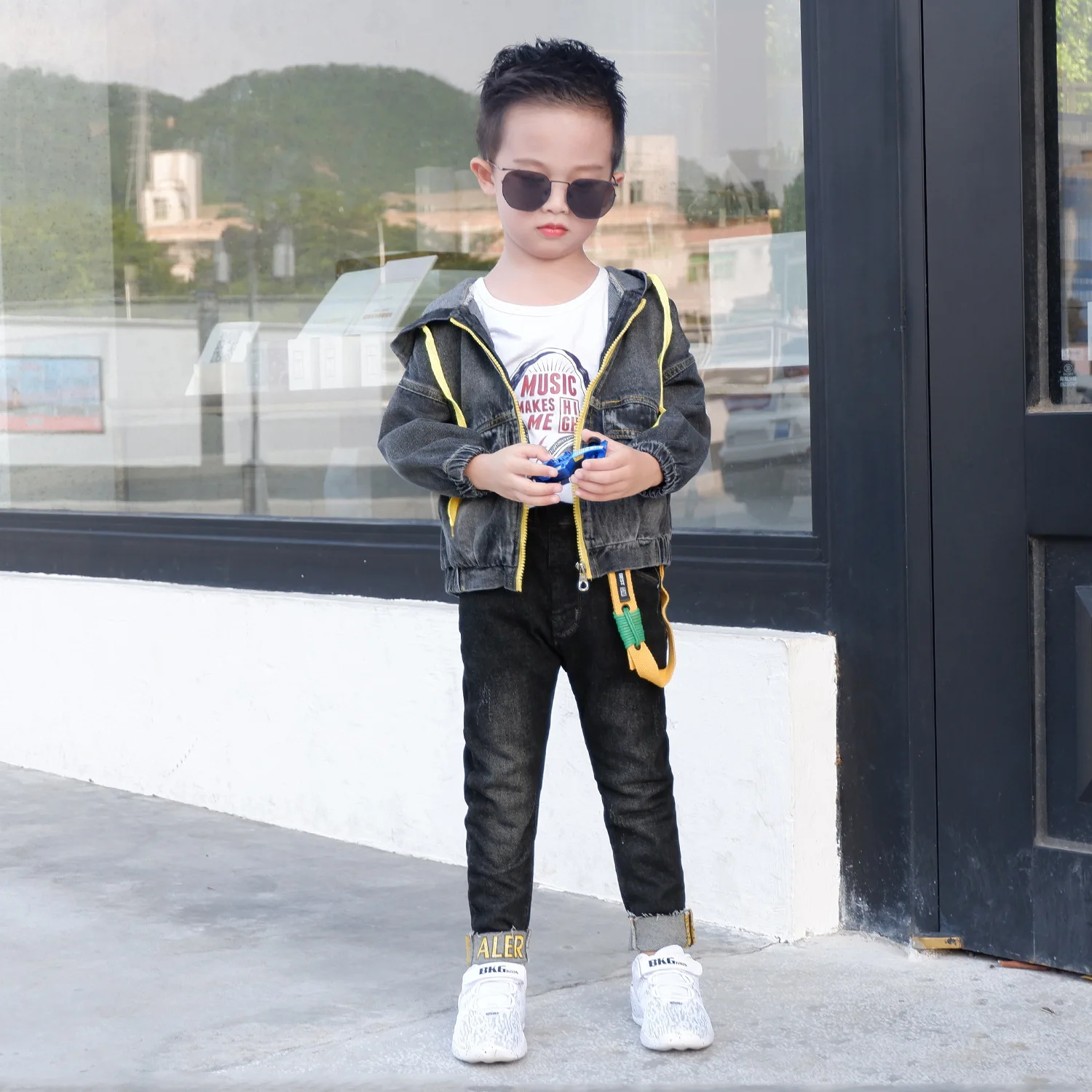 

BOY'S Denim Trousers 2019 Autumn New Style Korean-style Printed Letter Trousers Revers Elasticity Black Jeans Fashion