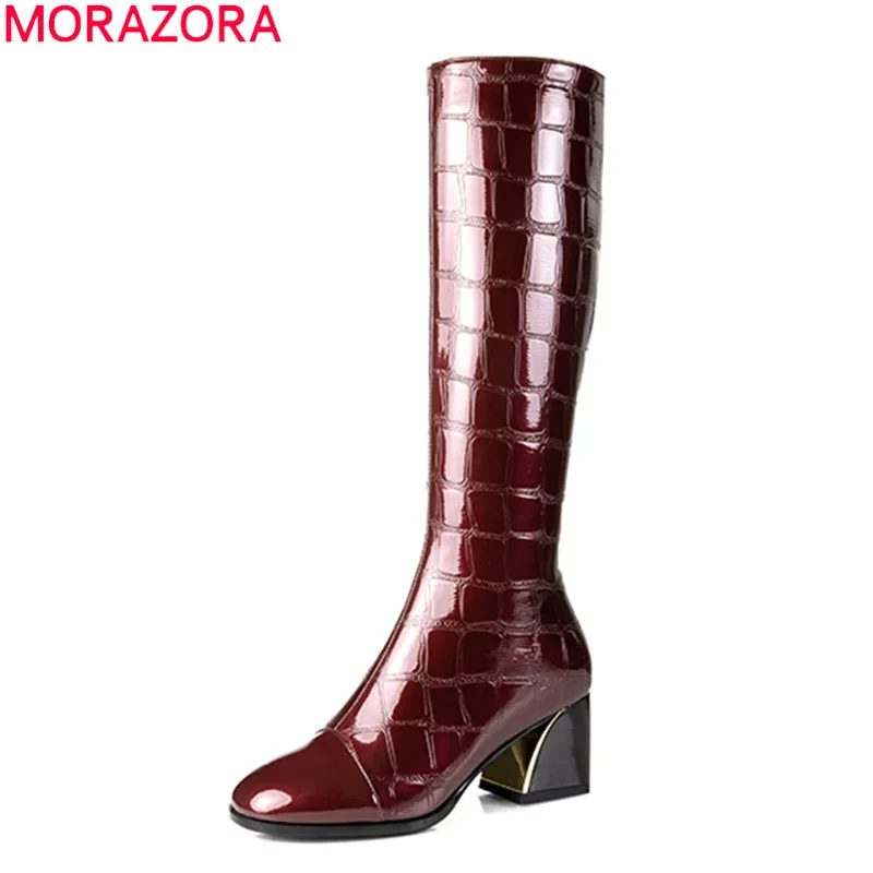 

MORAZORA 2020 Big size 34-42 genuine leather knee high boots thick high heels square toe winter shoes black Wine women boots