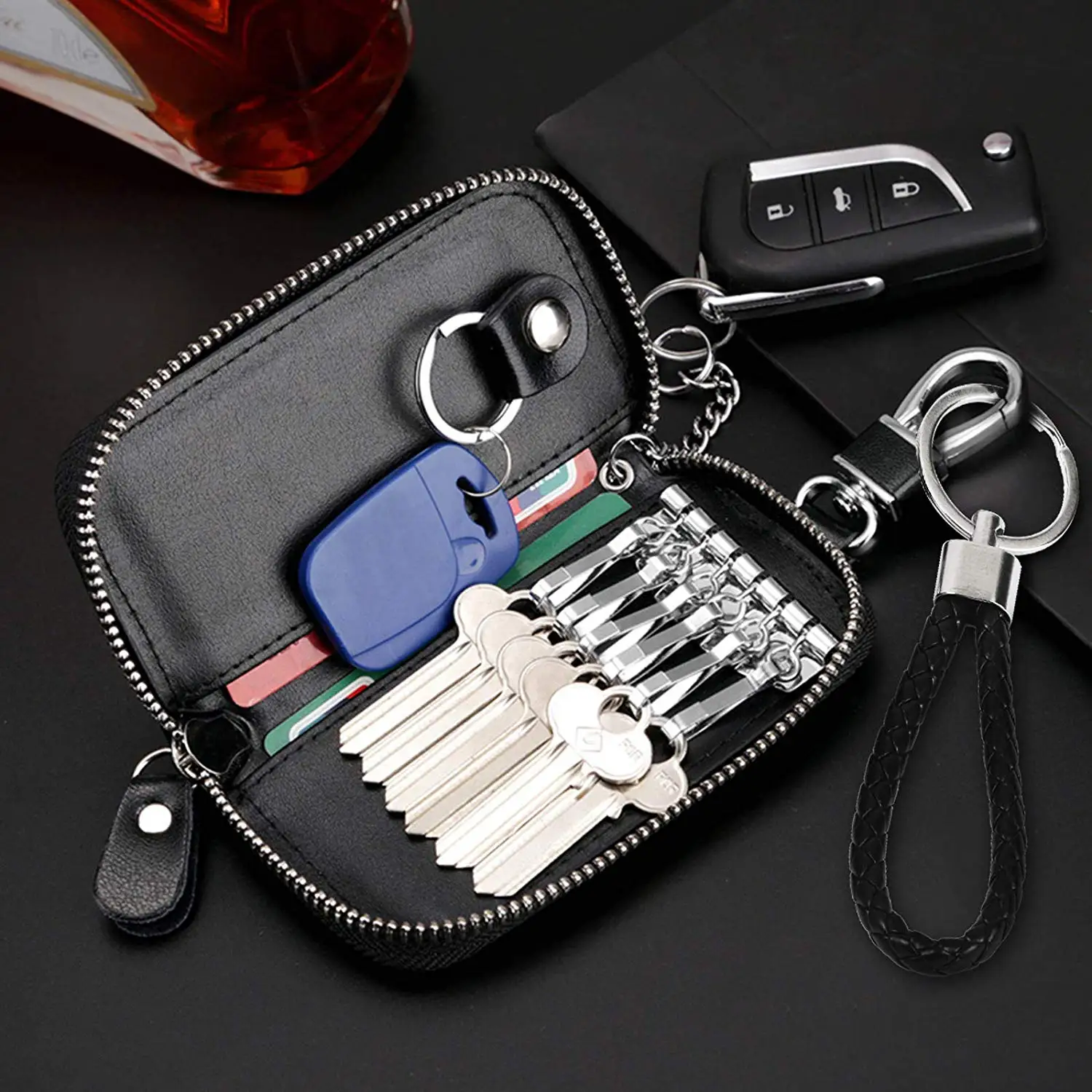 

METABLE Zipped Key Holder Case Keyring Purse Pouch Remote Wallet Bag with 6 Hooks 1 Car Key Hook for Men Women (Black)