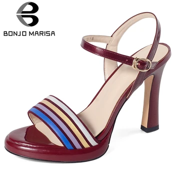 

BONJOMARISA New Fashion mixed-color Office Lady Brand Genuine Leather Dress Sandals Women High Heels Summer Shoes Woman