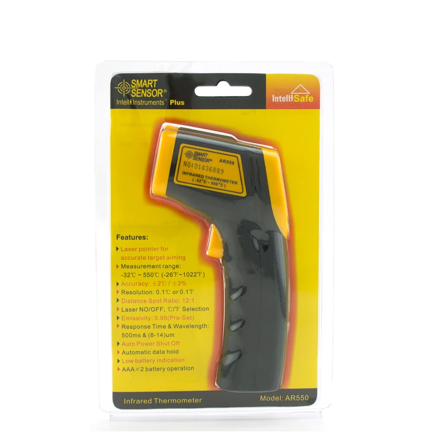 Smart Sensor AR550 Non contact IR Digital Infrared Thermometer -32~550C(-26~1022F) Point Gun Pyrometer Temperature Tester