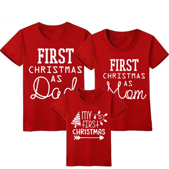 Family Matching Baby Christmas-Tshirt Daddy Mommy Red First Mom Dad Short 1pcs Funny