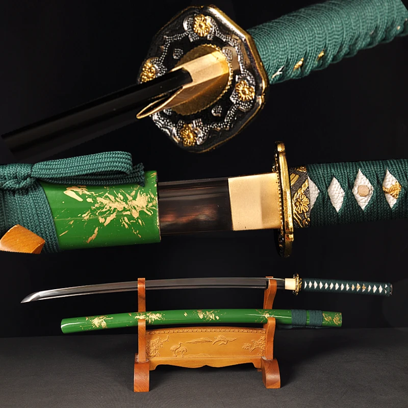 

Swords samurai quality Japanese real Katana 1095 clay tempered steel sharp edge with groove light green color scabbard full tang