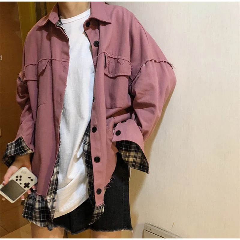 Harajuku стиль куртка оверсайз Женщины обе стороны могут носить хип хоп Уличная плед пальто пэчворк и куртки женщины
