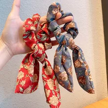 

1PC Retro Floral Single Printed Hair Scrunchies For Women Girls Hair Scarf Bow Elastic Rubber Ropes Hairbands Hair Accessories