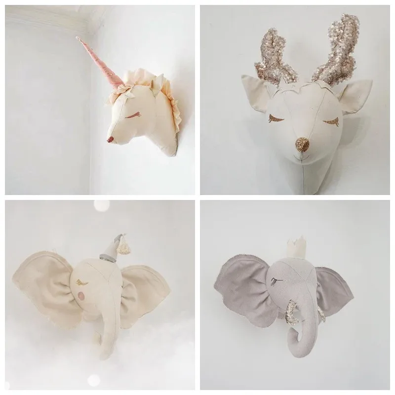 Unicorn Crown Elephant Reindeer Animals Head wall-hanging Stuffed Plush Funny Wall Mount Hanging Kindergarten Kids Room Decor (3)