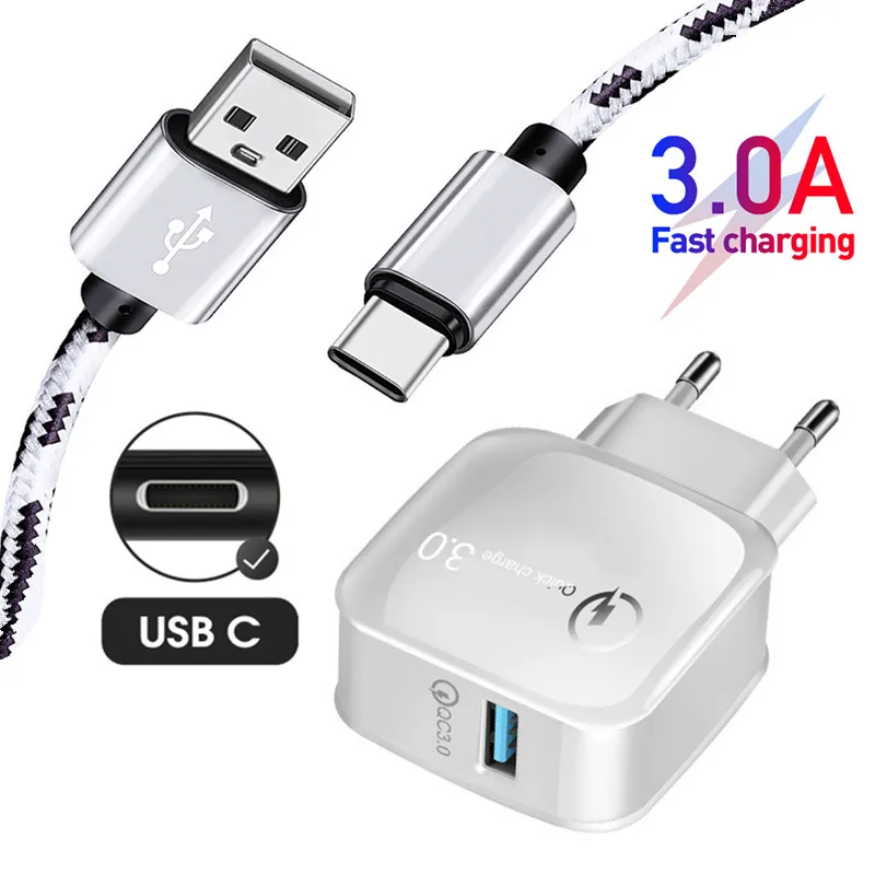 QC 3.0 Fast Charger Wall USB Adapter For Samsung Galaxy A51 A71 A91 A11 A12 M12 A21s A50 S8 S20 FE USB Cable Type C Charger Wire usb fast charge Chargers