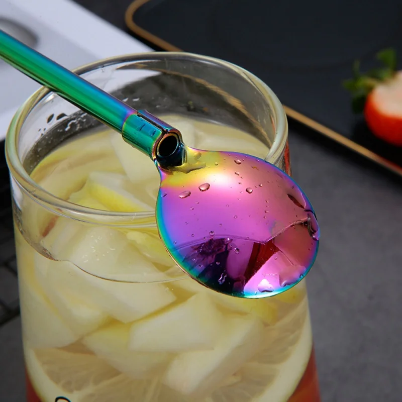 Stainless Steel Friendly Drinking Straw Spoon With Long Handle Milk Tea Spoon Kitchen Tableware Colorful Straw