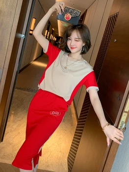 

Stylish round Neck Hot Drilling + High Waist Contrasting Color One-Step Skirt Suit Women's Fashion Summer New Style