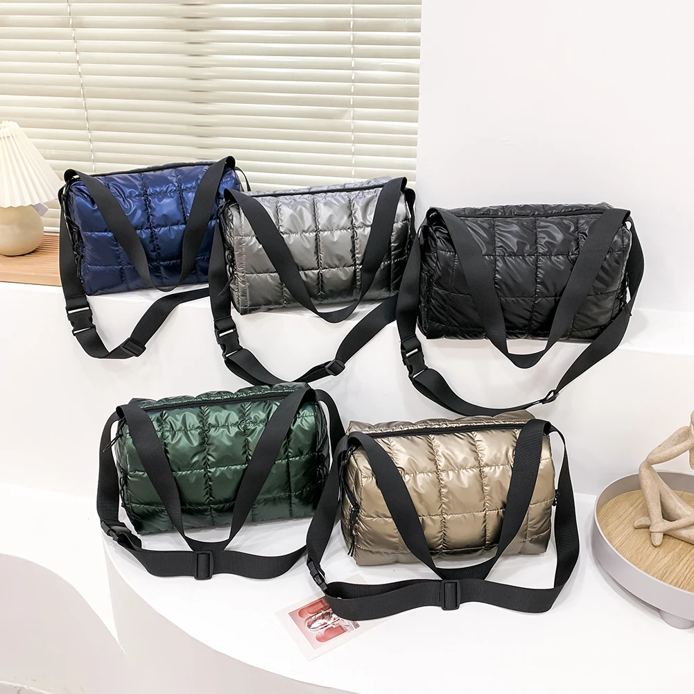 Women Nylon Shoulder Bag Design Space Cotton Padded Messenger Bag Solid  Color Fashion Grid Pleated Quilted Cotton Padded Bag