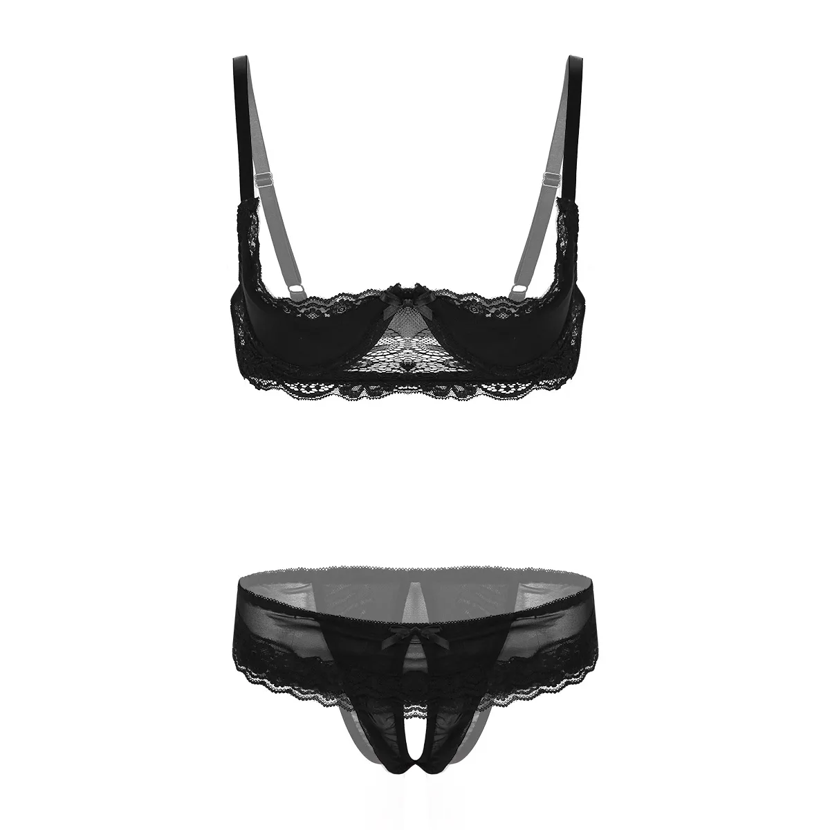 

Porno Womens Ladies Lace Lingerie Set Sexy Open Cup Unlined Shelf Bra with Panty Open Crotchless Thong Low Rise Briefs Underwear