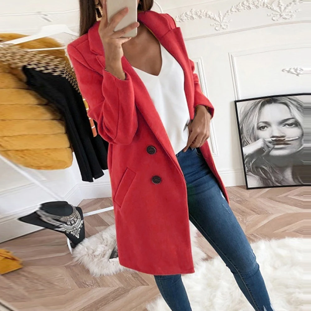Женское пальто из смесовой ткани, осенне-зимнее длинное шерстяное пальто с отложным воротником, Женская куртка, пальто больших размеров, Женское пальто, Повседневная ветровка - Цвет: Red
