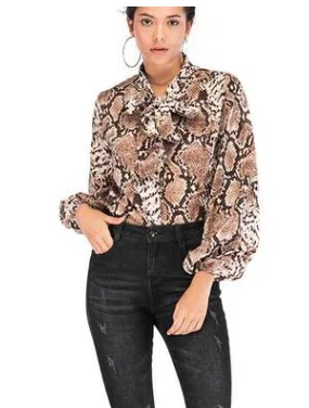 Women Blouses Sexy Snakeskin Print Ladies Shirts Tops V Neck Tied Blouse Jumper Top Casual Womens Clothing Summer Female Blouses