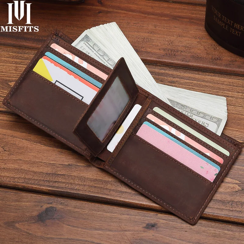 

MISFITS Crazy Horse Leathe Wallet Men Small Money Bags Genuine Leather Casual Short Wallets For Male High Quality Card Holders
