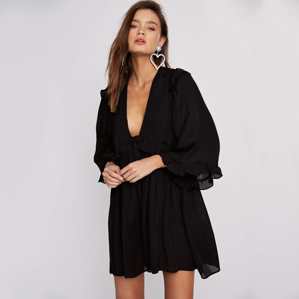 Ladies Dress Ruffled Solid Party Short Cocktail Beach Loose Boho V Neck Summer