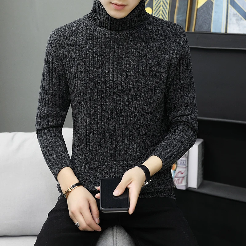 High Quality Warm Turtleneck Sweater Men Fashion Solid Knitted Mens Sweaters Casual Slim Pullover Male Double Collar Tops