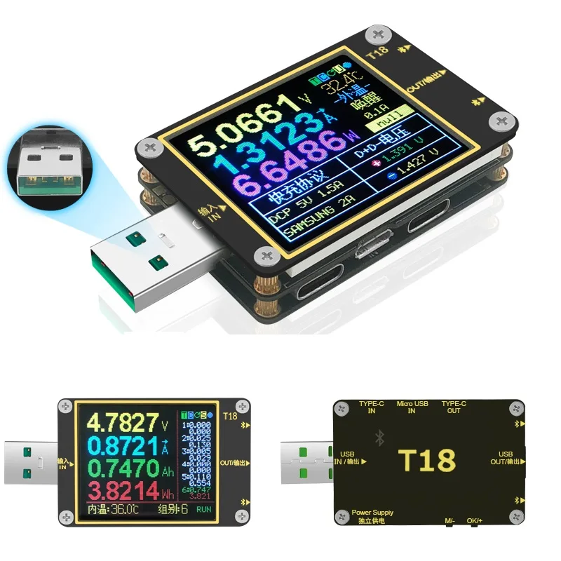  T18-X6 USB Tester Voltage Current Voltmeter Meter HD Color QC4+ PD3.0 QC2.0/QC3.0 PPS Fast Charging