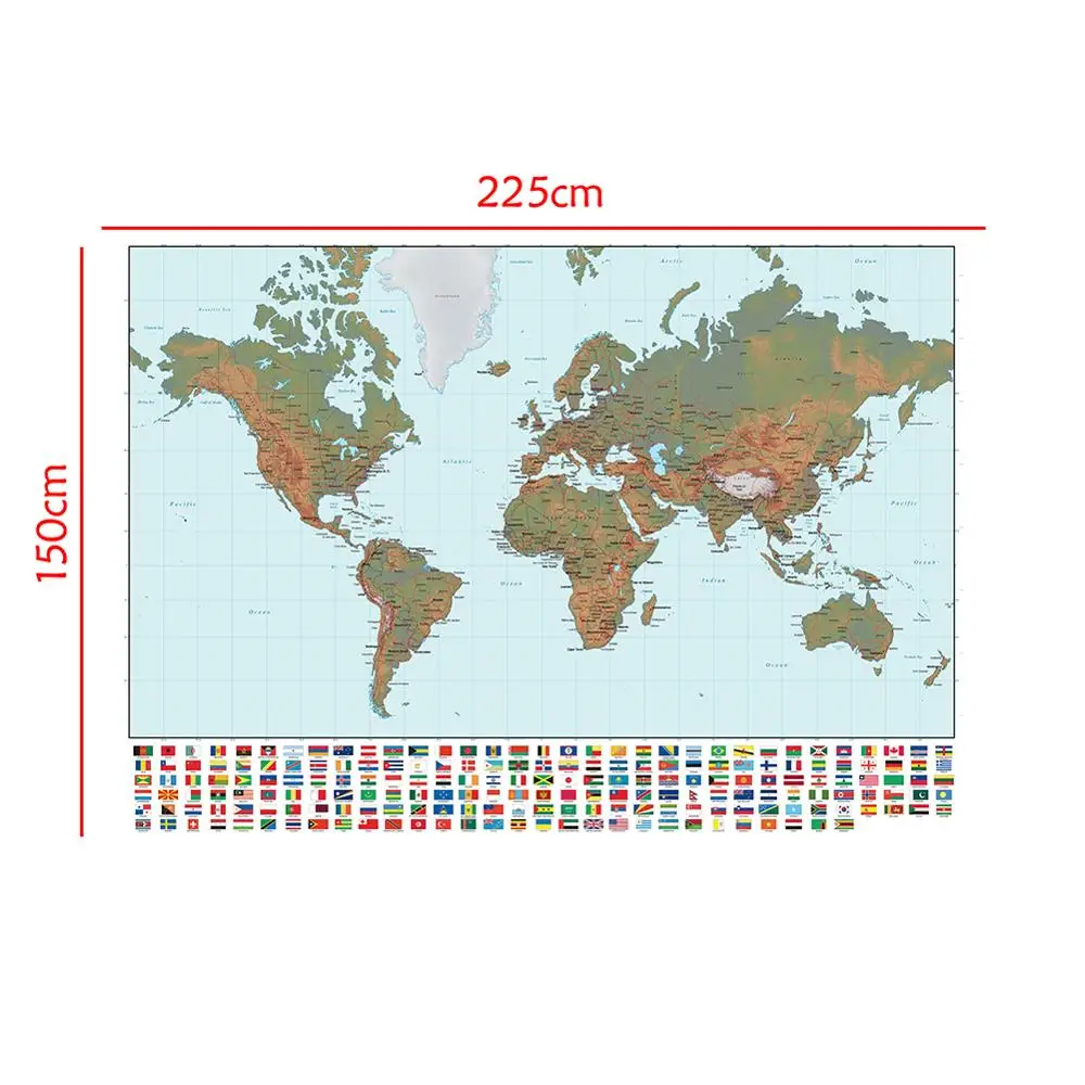 

150x225cm The World Map Regular Simplified Non-woven Map With National Flag For Beginner