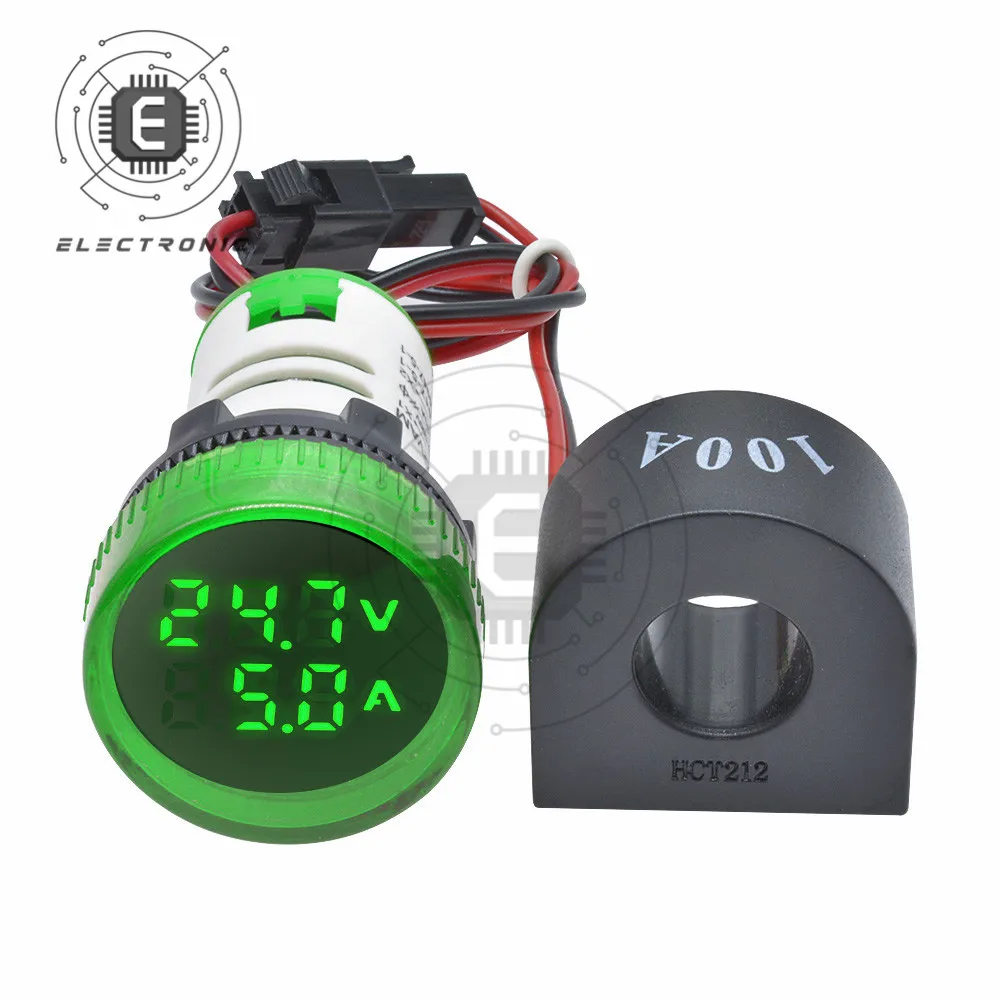 22MM 라운드 미니 LED 디지털 디스플레이 AC 전압 전류 측정기 0-100A 50-500V 5가지 색상