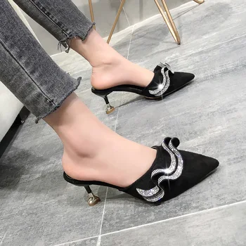 

2019 Women Summer Mules Slippers High Heels Shoes Crystal Pointed Toe Female Outside Shoes Woman Slip-on Sandals Zapatos Mujer