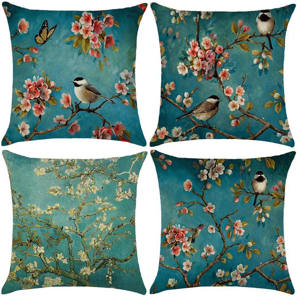 Linen Flower Bird Tree Throw Pillow Case Cushion Cover Home Sofa Cafe Car Decor Throw Pillow Cover Chinese Flowers Pillowcases