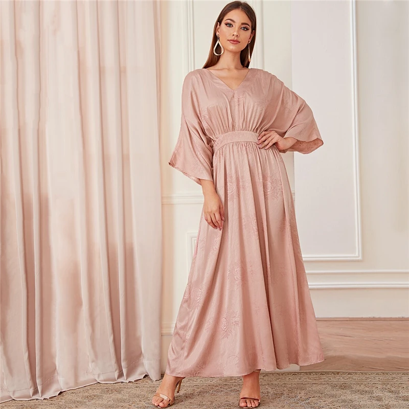 SHEIN abaya/розовое платье с рукавами «летучая мышь» с цветочным принтом, скромное платье макси, женское весенне-осеннее однотонное платье с v-образным вырезом, ТРАПЕЦИЕВИДНОЕ элегантное платье с высокой талией
