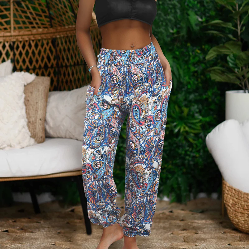 Women Fashion Floral Printed Long Trousers Sexy High Waist Pocket Hip Hop Leggings Casual Loose Elastic Women Bottoms S-XXL