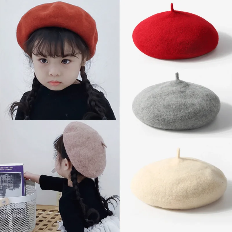 Берет для девочек, шапка для девочек, карамельный цвет, шерстяная шапочка, шапка для детей на зиму и осень, 12 цветов