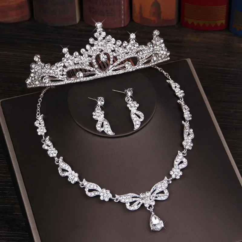 3 шт Стразы кристалльная бабочка свадебные ювелирные наборы ожерелье серьги набор с тиарой Свадебные украшения для волос ювелирные изделия, Африканский бисер набор - Окраска металла: Style E